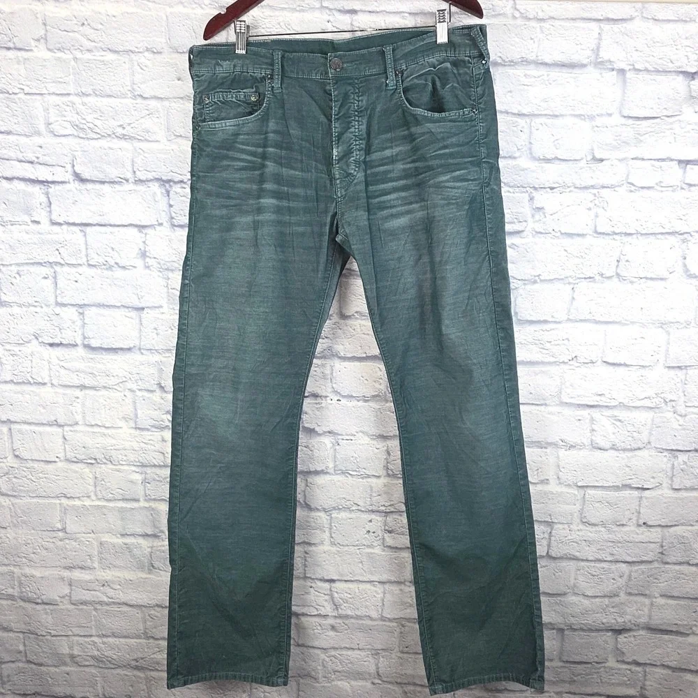 True Religion Bobby Mens Straight Leg Corduroy Pants Teal‎ Blue Green Size 36X33